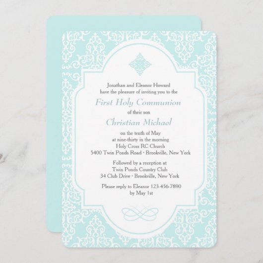 Mijn eerste communiqué blauwe uitnodiging (Voorkant / Achterkant)