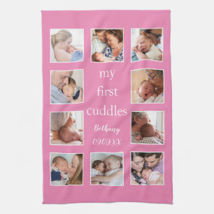 Mijn eerste Cuddles 10 Foto Naam Pasgeboren Roze Theedoek