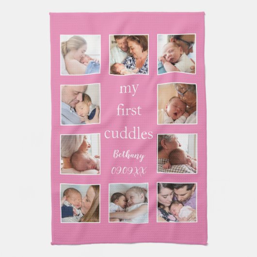 Mijn eerste Cuddles 10 Foto Naam Pasgeboren Roze Theedoek (Verticaal)