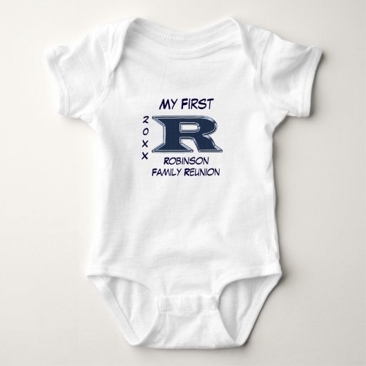 Mijn eerste familie reünie Letter R Monogram Blue Romper (Voorkant)