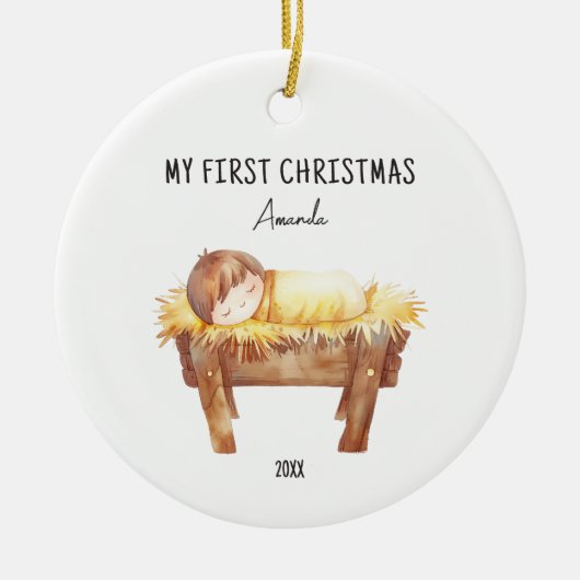 Mijn eerste gepersonaliseerde Baby in Manger Keramisch Ornament (Voorkant)