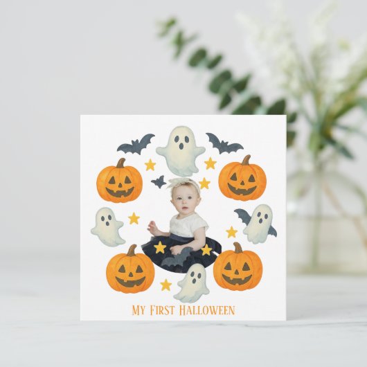 Mijn eerste Halloween | Leuke pompoen en spookkran Feestdagenkaart (Staand voorkant)