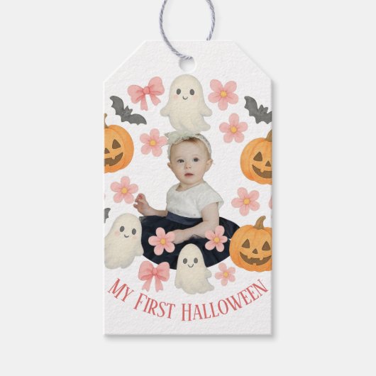 Mijn eerste Halloween | Lieve pompoen- en spookkra Cadeaulabel (Voorkant)
