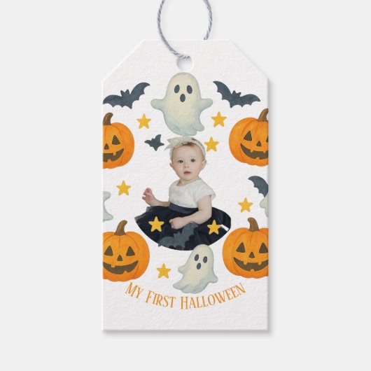 Mijn eerste Halloween | Lieve pompoen- en spookkra Cadeaulabel (Voorkant)