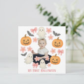 Mijn eerste Halloween | Lieve pompoen en spookkran Feestdagenkaart (Staand voorkant)