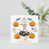 Mijn eerste Halloween | Lieve pompoen & spookkrans Feestdagenkaart (Staand voorkant)