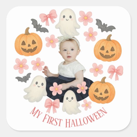 Mijn eerste Halloween | Schattigee pompoen & spook Vierkante Sticker (Voorkant)
