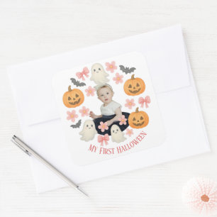 Mijn eerste Halloween   Schattigee pompoen & spook Vierkante Sticker