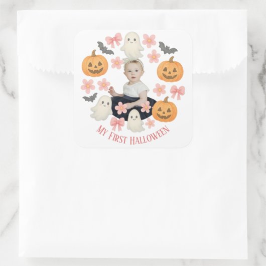 Mijn eerste Halloween | Schattigee pompoen & spook Vierkante Sticker (Tas)