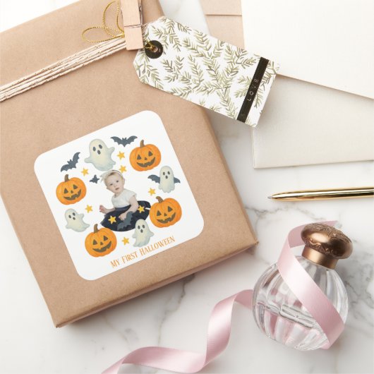 Mijn eerste Halloween | Schattigee pompoen & spook Vierkante Sticker (Geschenken)