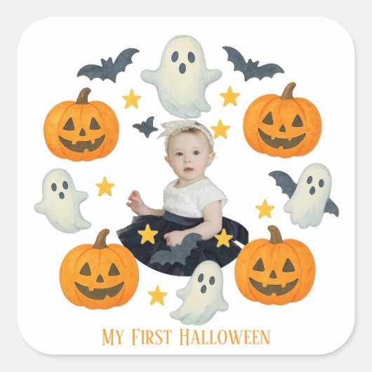 Mijn eerste Halloween | Schattigee pompoen & spook Vierkante Sticker (Voorkant)