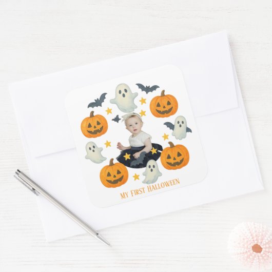 Mijn eerste Halloween | Schattigee pompoen & spook Vierkante Sticker (Envelop)