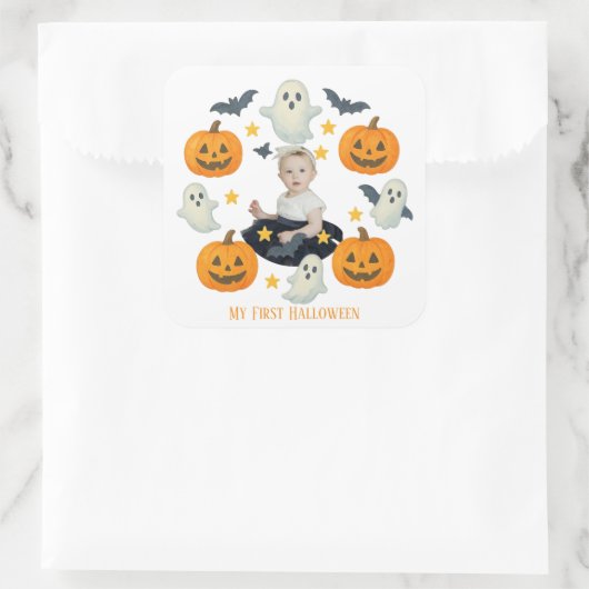 Mijn eerste Halloween | Schattigee pompoen & spook Vierkante Sticker (Tas)