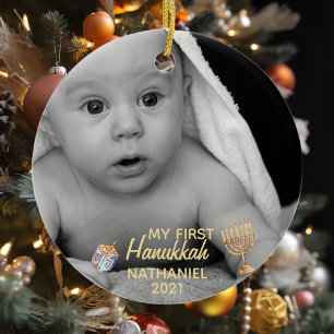 Mijn Eerste Hanukkah Menorah Foto Sjabloon Keramisch Ornament