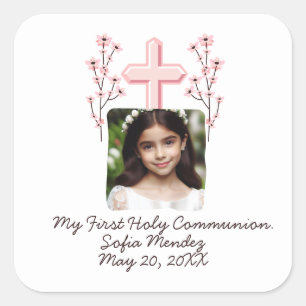 Mijn eerste Heilige Communie Custom Photo Floral Vierkante Sticker