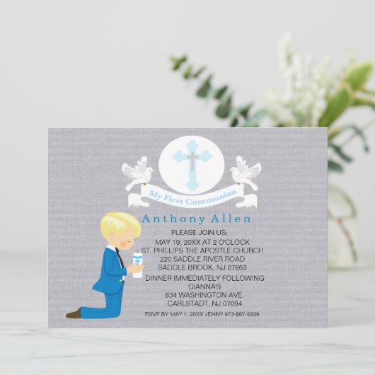 Mijn eerste Heilige Communie jongen knielend uitno Kaart (Staand voorkant)
