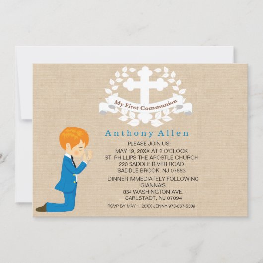 Mijn Eerste Heilige Communie Jongen Knielende Uitn Kaart (Voorkant)