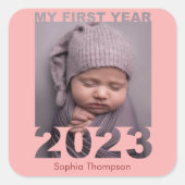 Mijn eerste jaar 2023 Modern Cutout Baby Foto Cora Vierkante Sticker (Voorkant)