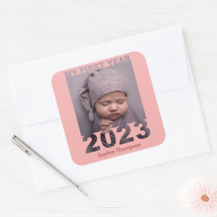 Mijn eerste jaar 2023 Modern Cutout Baby Foto Cora Vierkante Sticker