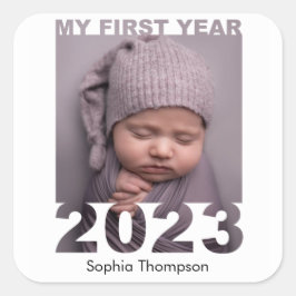 Mijn eerste jaar 2023 Modern Cutout Baby White Vierkante Sticker