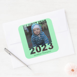 Mijn eerste jaar 2023 Moderne Cutout Baby Foto gro Vierkante Sticker