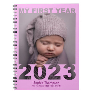 Mijn eerste jaar 2023 Moderne Cutout Baby Foto roz Notitieboek
