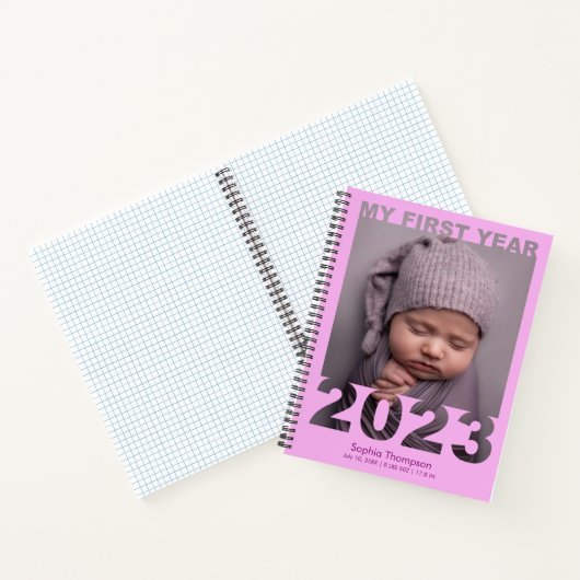 Mijn eerste jaar 2023 Moderne Cutout Baby Foto roz Notitieboek (Binnen)