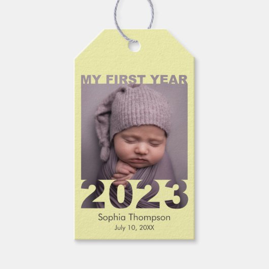 Mijn eerste jaar 2023 Moderne Cutout Baby Fotogeel Cadeaulabel (Voorkant)