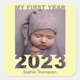 Mijn eerste jaar 2023 Moderne Cutout Baby Fotogeel Vierkante Sticker