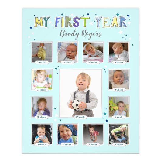 "Mijn eerste jaar" Baby Boy Keepomwille Collage Po Foto Afdruk (Voorkant)