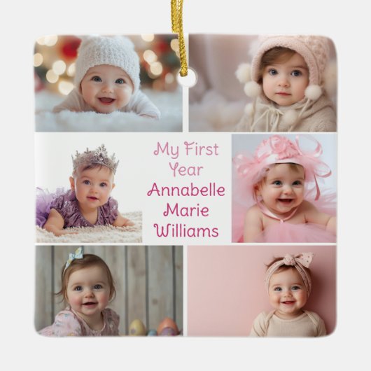 Mijn eerste jaar Baby Girl Fotocollage Schattige 2 Keramisch Ornament (Voorkant)