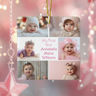 Mijn eerste jaar Baby Girl Fotocollage Schattige 2 Keramisch Ornament