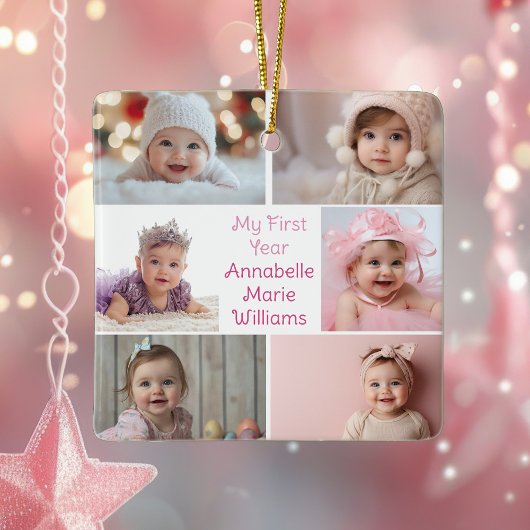 Mijn eerste jaar Baby Girl Fotocollage Schattige 2 Keramisch Ornament