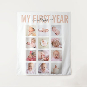 Mijn Eerste Jaar Baby Meisje Naam 12 Foto Collage  Wandkleed