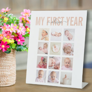 Mijn Eerste Jaar Baby Naam 12 Foto Collage Poster Reclamebord Met Voetstuk