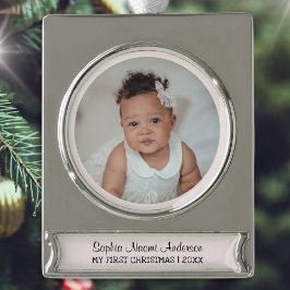 Mijn eerste kerst aangepaste fotonaam schattig roz verzilverd banner ornament