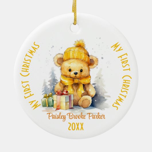 Mijn eerste kerst aangepaste naam geel Beer Keramisch Ornament (Achterkant)