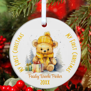 Mijn eerste kerst aangepaste naam geel Beer Keramisch Ornament