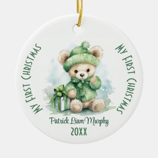Mijn eerste kerst aangepaste naam groen Beer Keramisch Ornament (Voorkant)