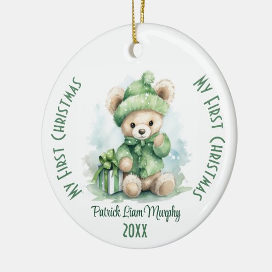 Mijn eerste kerst aangepaste naam groen Beer Keramisch Ornament (Links)