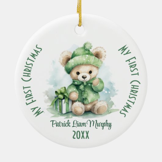 Mijn eerste kerst aangepaste naam groen Beer Keramisch Ornament (Achterkant)