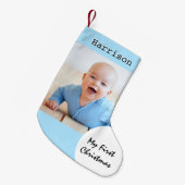Mijn eerste kerst Baby foto aangepaste naam blauw Kleine Kerstsok (Voorkant (Hangend))