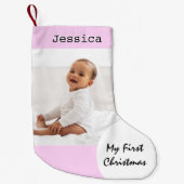 Mijn eerste kerst Baby foto aangepaste naam roze Kleine Kerstsok (Voorkant)