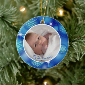 Mijn eerste kerst baby foto blauw keramisch ornament