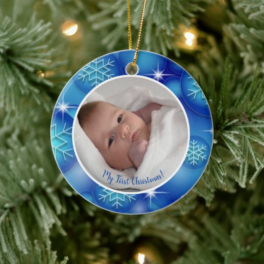 Mijn eerste kerst baby foto blauw keramisch ornament (Boom)