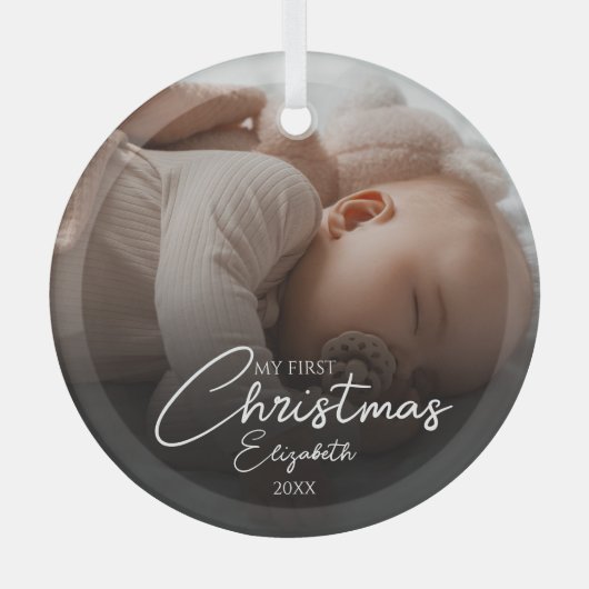 Mijn eerste kerst Baby foto Elegant Script Glas Ornament (Voorkant)