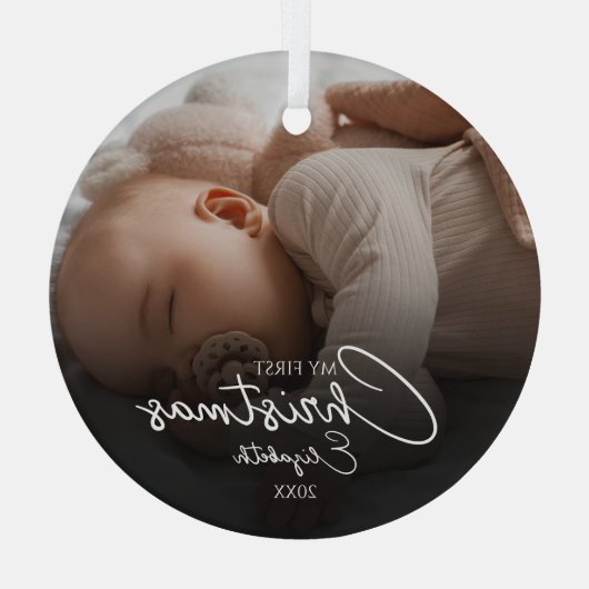 Mijn eerste kerst Baby foto Elegant Script Glas Ornament (Achterkant)