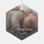 Mijn eerste kerst Baby foto Elegant Script Glas Ornament (Voorkant)