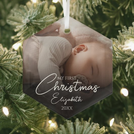 Mijn eerste kerst Baby foto Elegant Script Glas Ornament (Insitu)