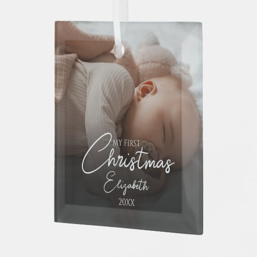 Mijn eerste kerst Baby foto Elegant Script Glas Ornament (Voorkant links)
